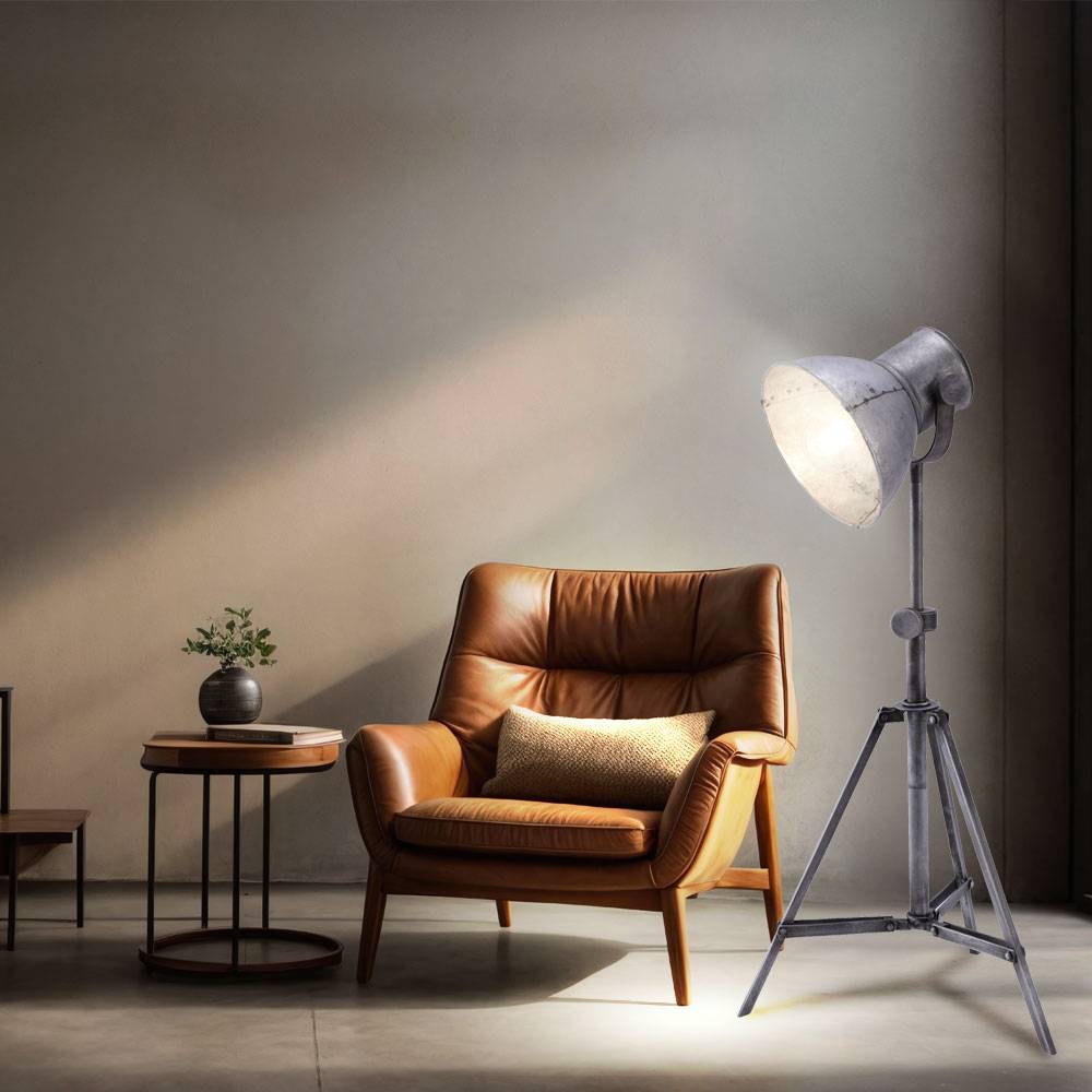 Stehleuchte Wohnzimmer Stehlampe 3 beine Stehlampe Industriell, Höhenverstellbar Spot beweglich, Rustikal Eisen silber, 1x E27 Fassung, HxLxB 88x36x