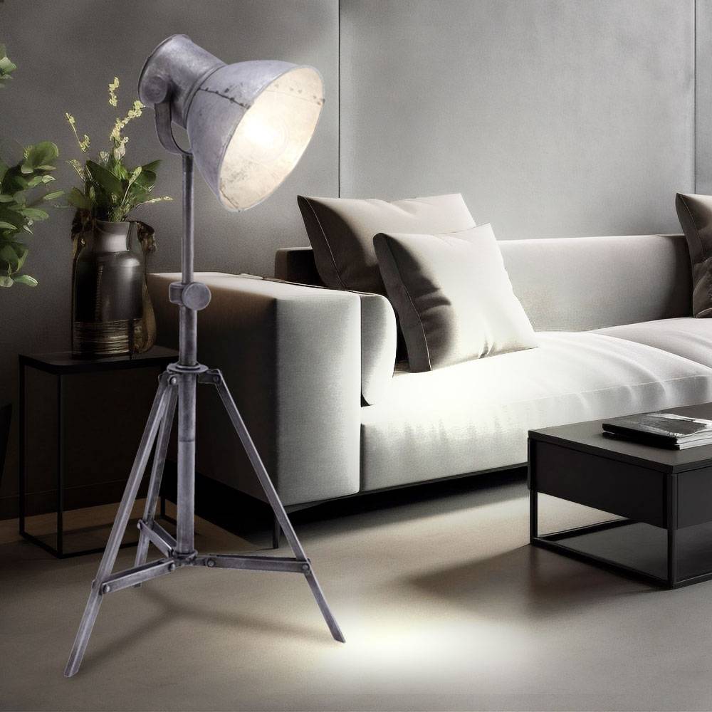 Stehleuchte Wohnzimmer Stehlampe 3 beine Stehlampe Industriell, Höhenverstellbar Spot beweglich, Rustikal Eisen silber, 1x E27 Fassung, HxLxB 88x36x