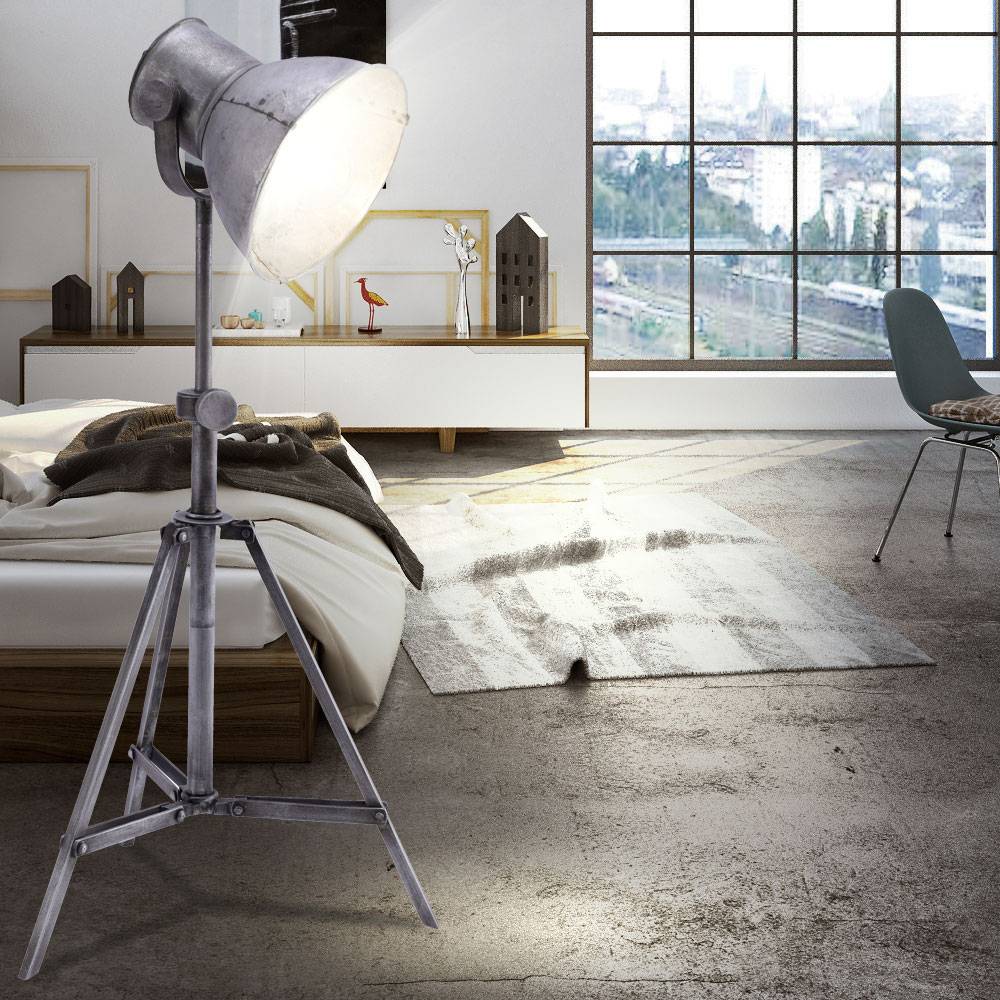 Stehleuchte Wohnzimmer Stehlampe 3 beine Stehlampe Industriell, Höhenverstellbar Spot beweglich, Rustikal Eisen silber, 1x E27 Fassung, HxLxB 88x36x