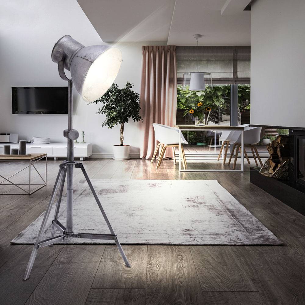 Stehleuchte Wohnzimmer Stehlampe 3 beine Stehlampe Industriell, Höhenverstellbar Spot beweglich, Rustikal Eisen silber, 1x E27 Fassung, HxLxB 88x36x