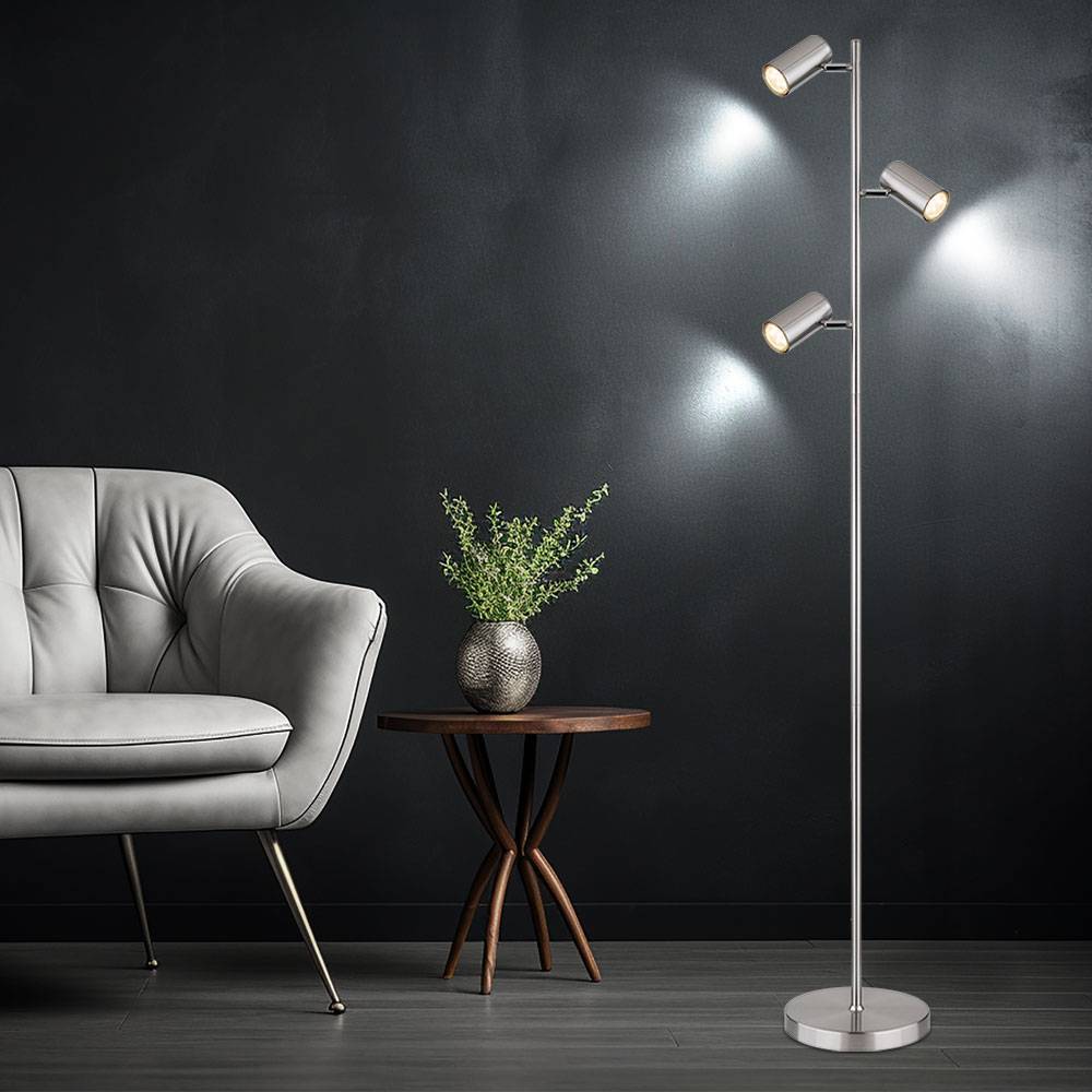 Stehlampe Standleuchte 3 Leuchten schwenkbare Stehlampe Stehleuchte Wohnzimmer Modern silber, 3 Flammig, Metall, 3x GU10, LxBxH 25x23x154 cm