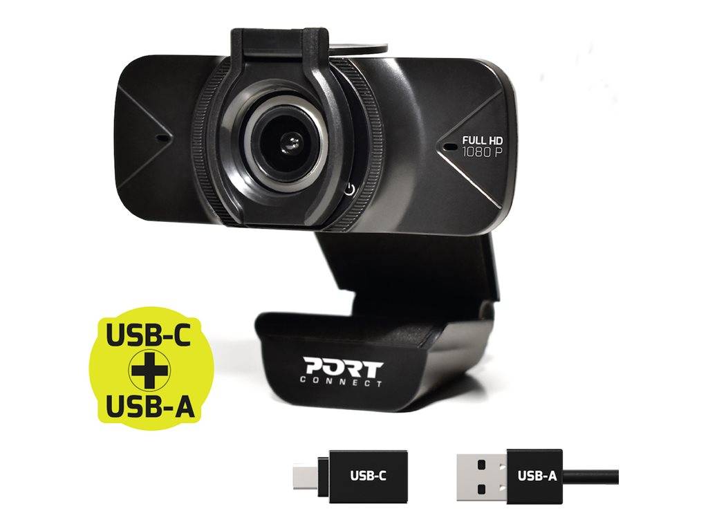Schwarze PORT Connect Full HD 1080p-Webcam mit USB-C und USB-A-Adapter-Bezeichnungen, die daneben angezeigt werden.