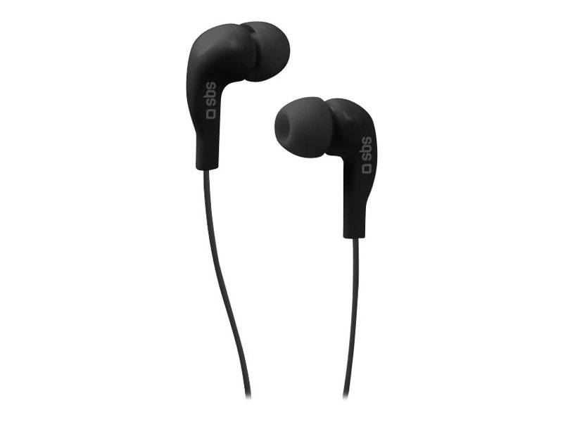 Schwarze kabelgebundene In-Ear-Ohrhörer mit Silikonaufsätzen und SBS-Logo, gezeigt auf weißem Hintergrund.