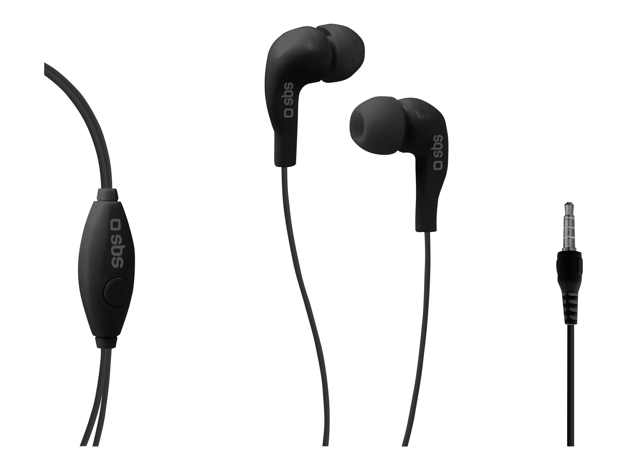 Schwarze kabelgebundene In-Ear-Kopfhörer mit Inline-Steuerung und 3,5-mm-Klinkenstecker auf weißem Hintergrund.