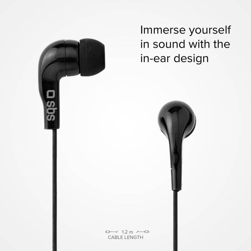 Schwarze In-Ear-Ohrhörer auf weißem Hintergrund mit Text 