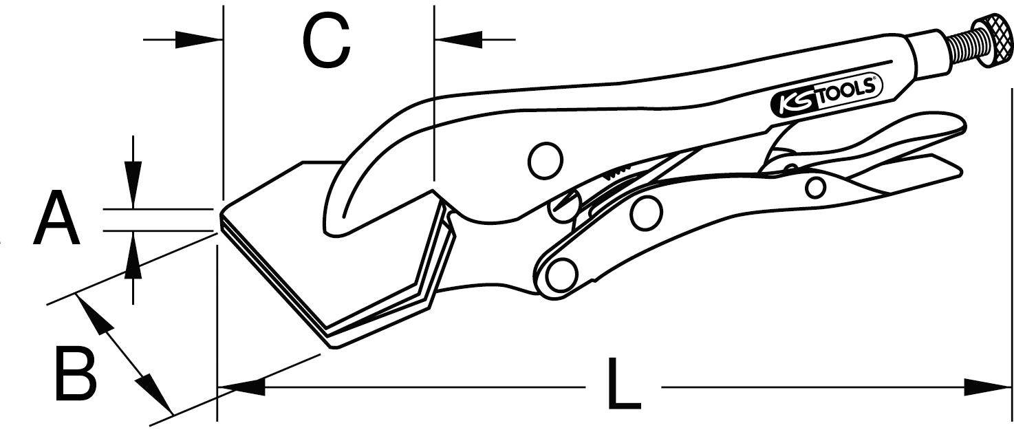 Diagramm einer Drahtschere mit Teilen, die mit 'C' und 'L' gekennzeichnet sind; hebt die Schneidekante und den Griffmechanismus des Werkzeugs hervor.