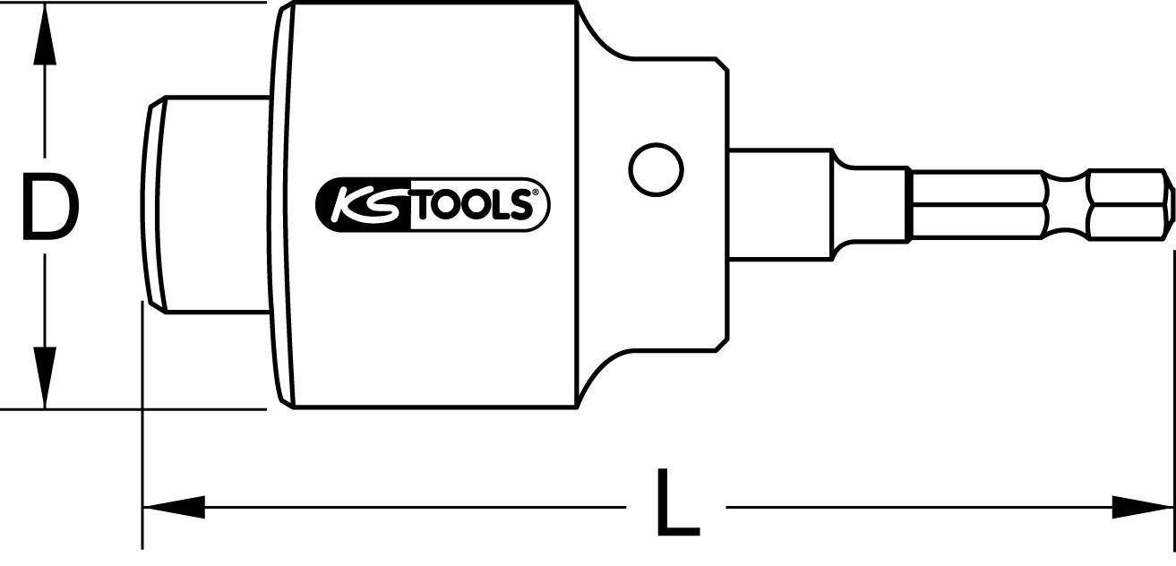 Eine schwarz-weiße Darstellung eines Steckschlüssel-Verlängerungsstabes mit dem Logo 'KG TOOLS' auf einem zylindrischen Segment, die die Längenmessung 'L' zeigt.