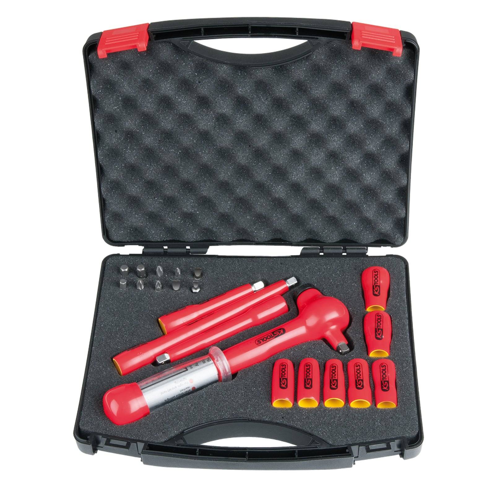 Rot-schwarzes Werkzeugsatz in einem schaumstoffausgeleideten Koffer, einschließlich einer Fettpresse, Kartuschen und Zubehördüsen ordentlich angeordnet im Inneren.