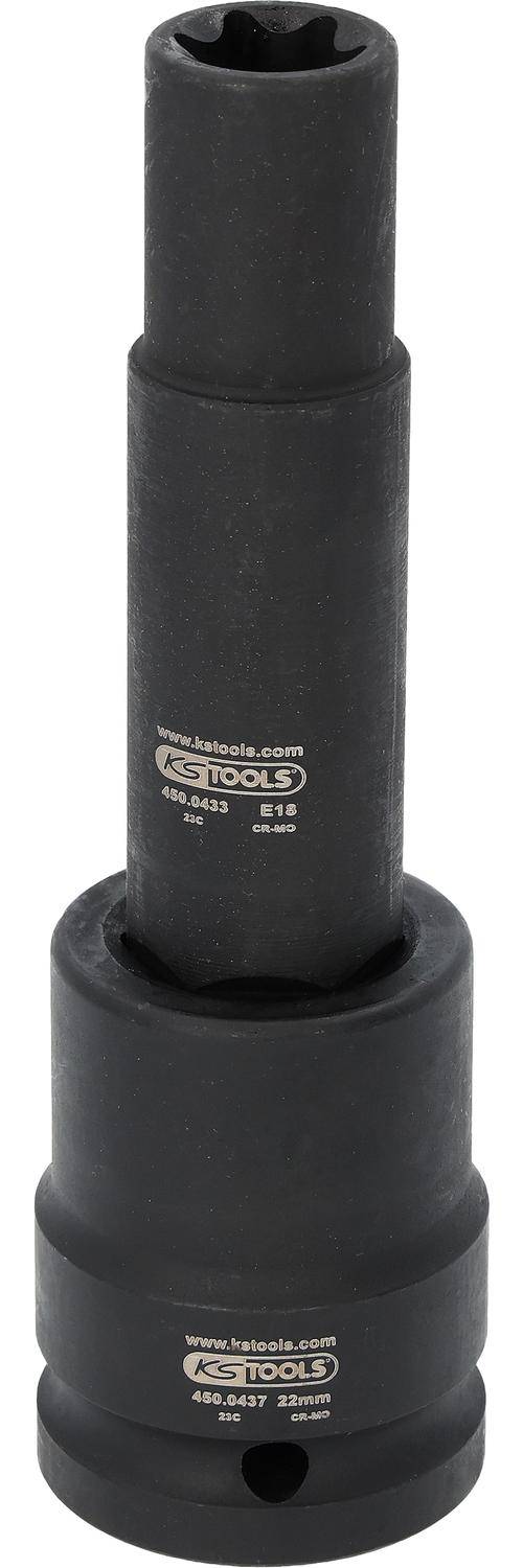 Ein schwarzer zylindrischer Werkzeug mit der Aufschrift 'KS Tools' und Spezifikationen '450.0433, E18, 230°C, CR-MO' eingraviert, möglicherweise eine Steckdose oder ein Adapter.