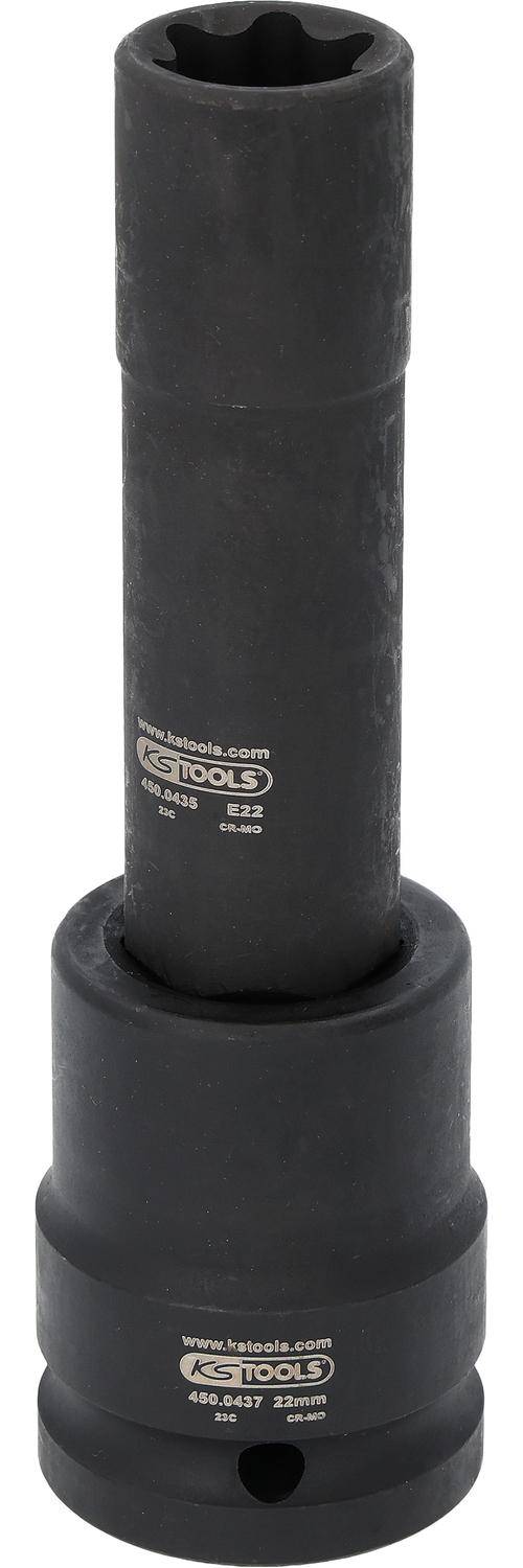 Ein schwarzer KS Tools E22 Stecknuss, beschriftet mit 'www.kstools.com', mit Modellnummer '450.0435' und Material 'CR-MO'.