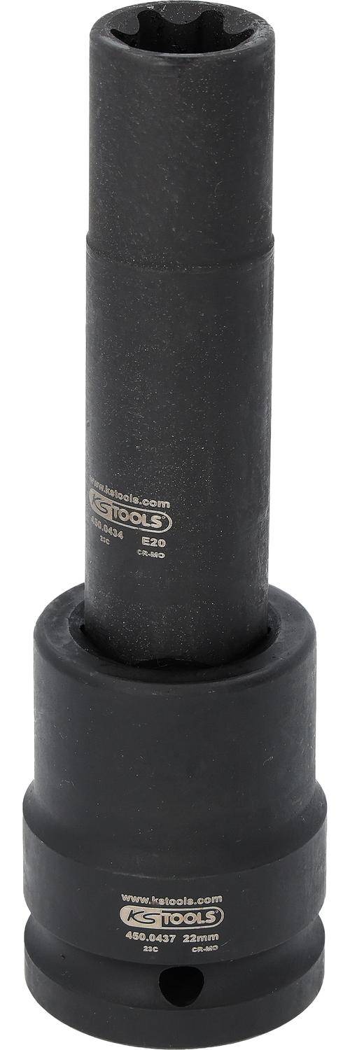 Eine schwarze, zylindrische Steckschlüssel-Werkzeug, das mit Produkt- und Unternehmensinformationen beschriftet ist.