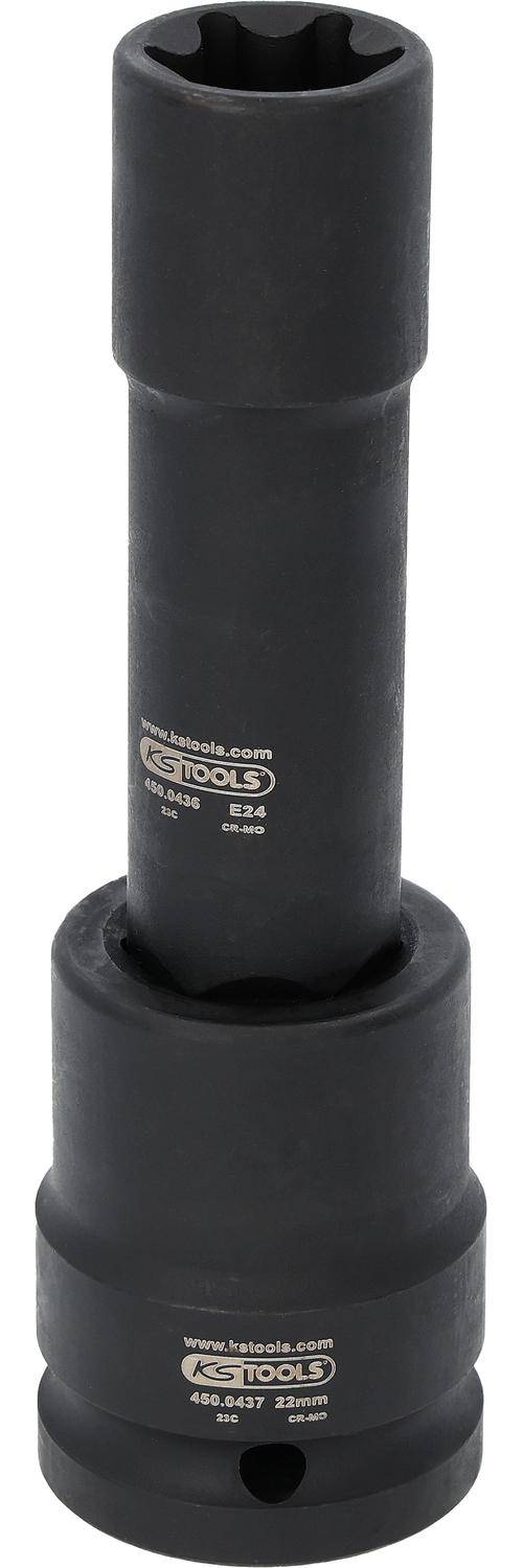 Eine schwarze zylindrische Buchse mit der Beschriftung 'ktools', '450.0436', 'E24' und 'CR-MO', die zum Befestigen oder Entfernen bestimmter Schrauben entwickelt wurde.