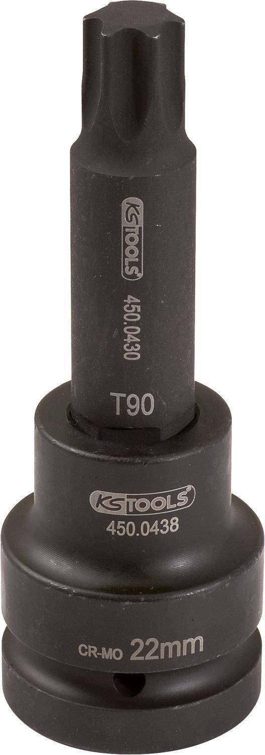 Eine Nahaufnahme eines zylindrischen schwarzen Werkzeugs mit der Aufschrift '450.0430' und 'T90', mit dem Logo 'KSTOOLS' am unteren Ende.