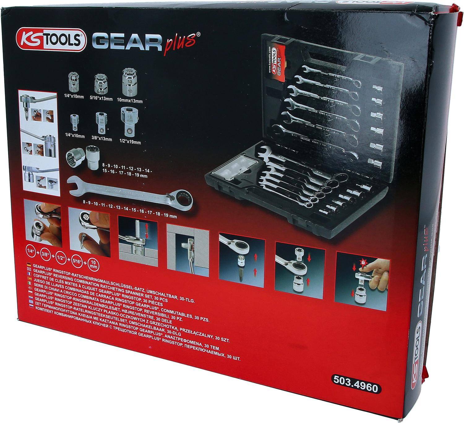 KS Tools GEARplus' Werkzeugsatz mit 82 Teilen in schwarzem Koffer, bestehend aus verschiedenen Stecknüssen, Schraubenschlüsseln und Zubehör. Modellnummer 503.4960.