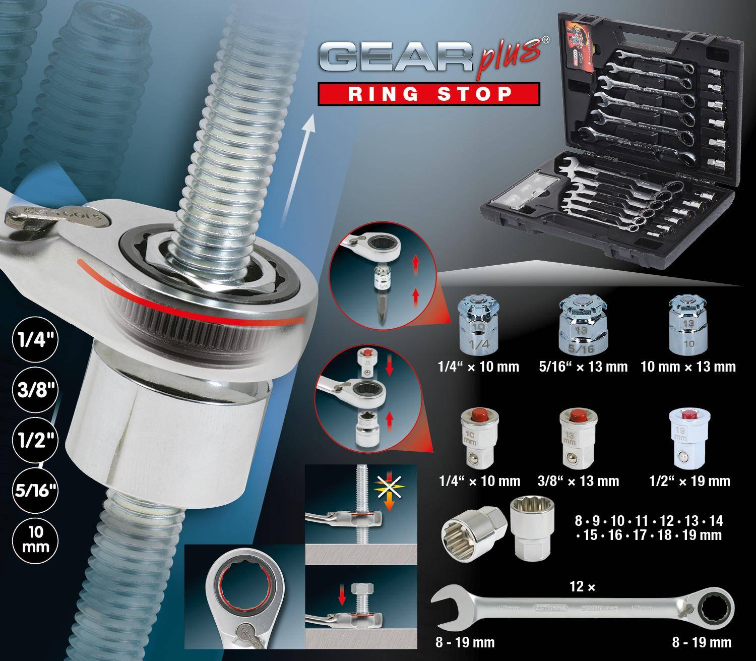 Nahaufnahme eines Ratschenschlüssels mit Zahnradmechanismus und einem Satz Steckschlüssel in verschiedenen Größen, die das Werkzeugsatz „Gear Plus Ring Stop