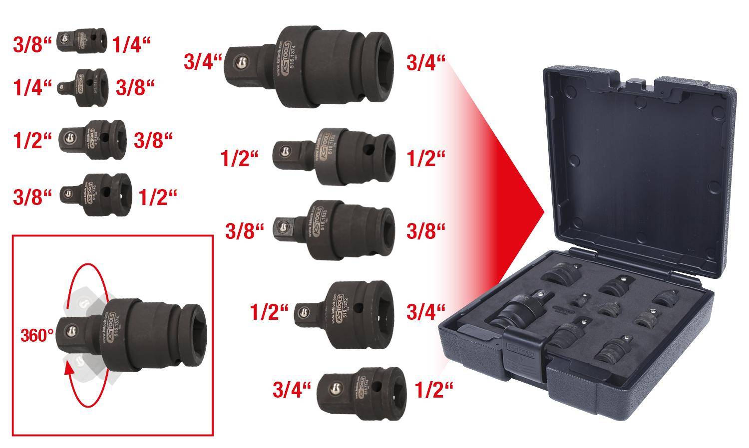 KS TOOLS Kraft-Vergrerungs- und Reduzieradapter-Satz, 9-tlg