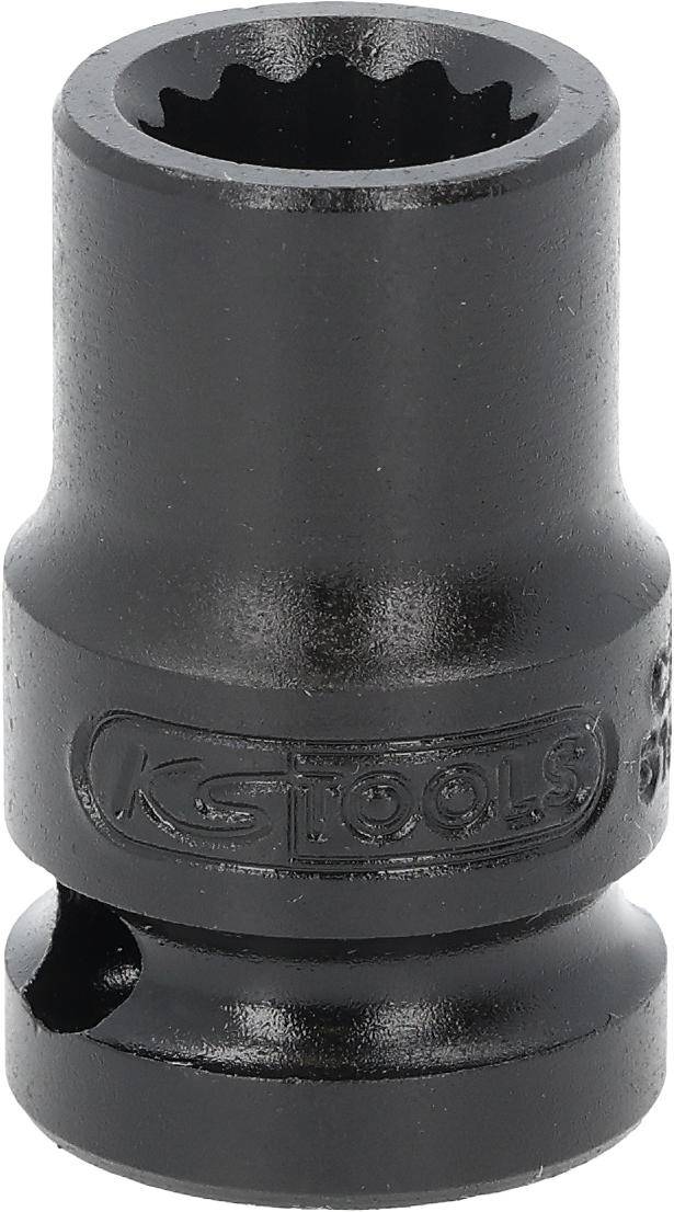 Eine Nahaufnahme eines schwarzen Metallschraubenschlüssel-Aufsatzes mit dem Schriftzug 'KS Tools', der seine robuste Bauweise und Markendetails hervorhebt.