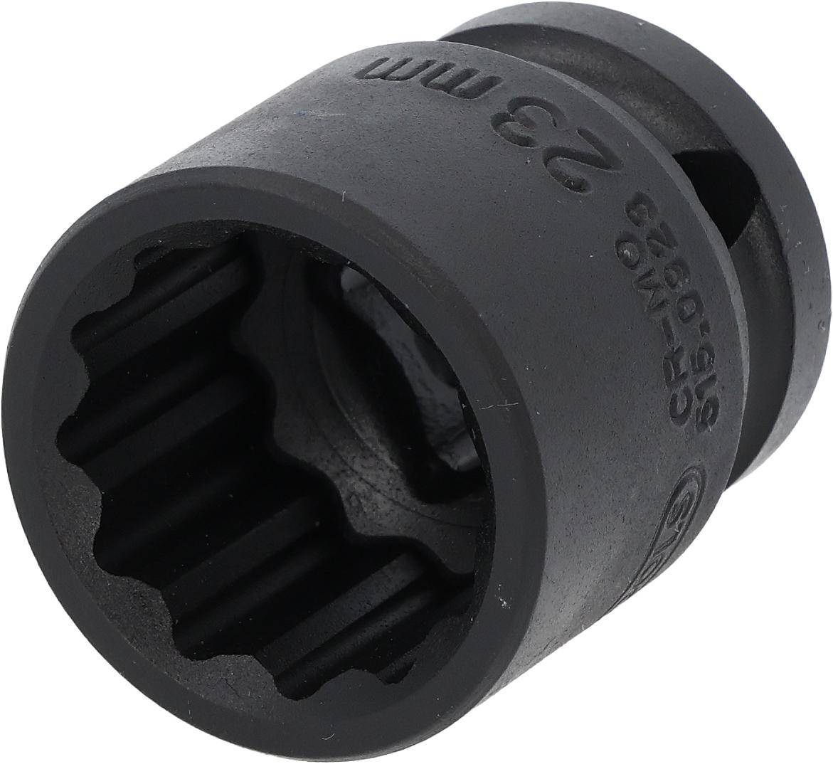 Eine schwarze 23-mm-Schlagstecknuss mit sechseckiger Öffnung, die zum Anziehen oder Lösen von Muttern und Schrauben verwendet wird.