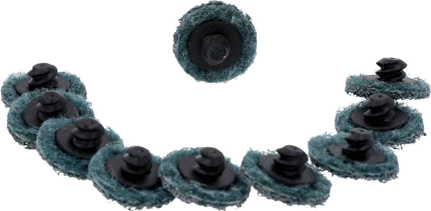 Eine Reihe von Schleifscheiben mit Fasertextur, verwendet zum Schleifen oder Polieren. Die Scheiben sind blau mit schwarzen Zentren, in einer Kurve ausgerichtet.