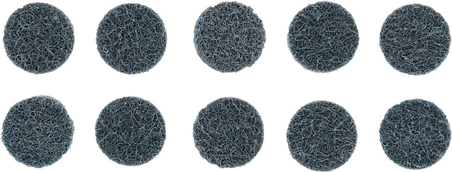 Sechs graue Scheuerpads, die auf einem weißen Hintergrund in zwei Reihen gleichmäßig angeordnet sind.