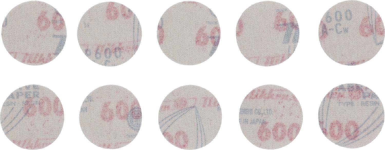 Sechs kreisförmige verblasste Drucke mit unleserlichem roten und blauen Text und Mustern auf einem beigen Hintergrund, gleichmäßig in zwei Reihen angeordnet.