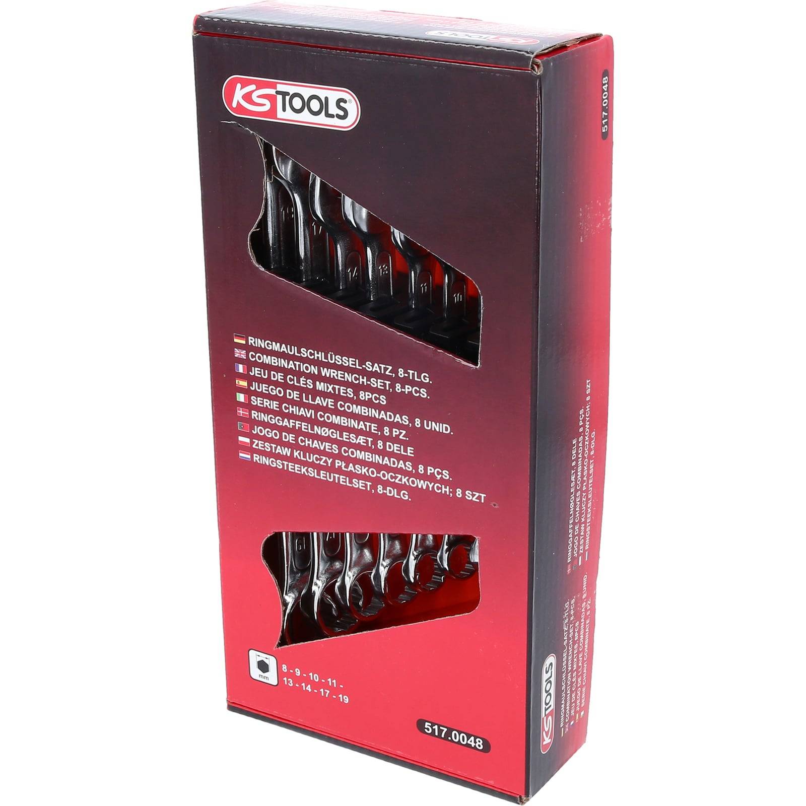 Ein Werkzeugset von KS Tools Gabelschlüsseln, 8-teilig, mit Schlüsselgrößen von 8 bis 19. Die Box ist rot mit einer transparenten Frontscheibe.