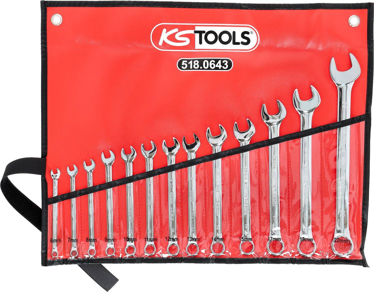 Ein Satz von 12 Chromschlüsseln in aufsteigender Reihenfolge von 6mm bis 19mm, organisiert in einer roten KS Tools Tasche mit der Beschriftung '518.0064'.