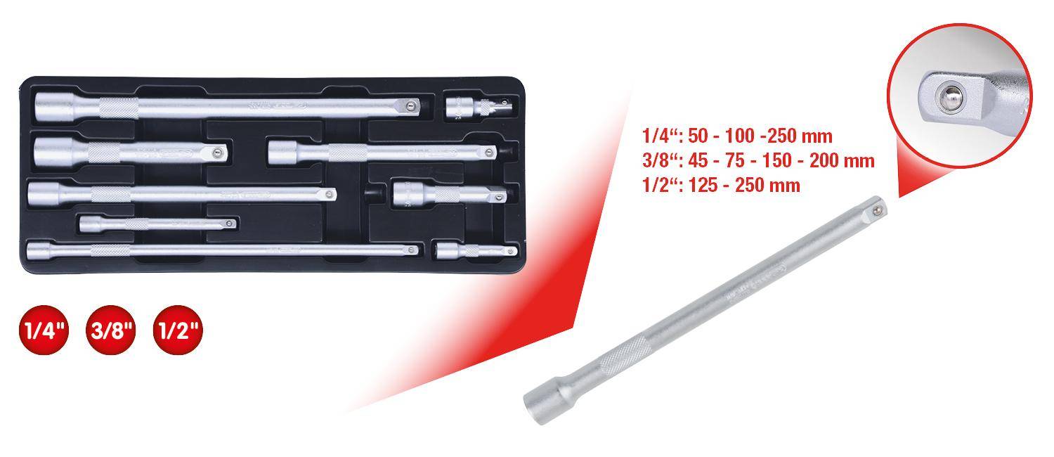 KS TOOLS 1/4"+3/8"+1/2" Verlängerungs-Satz, 9-tlg