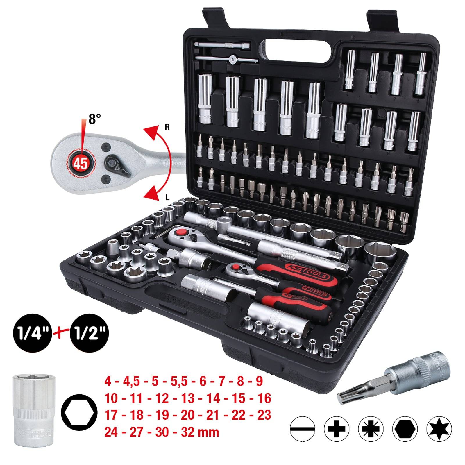 Ein Werkzeugset mit einer Ratsche, Steckschlüsseln und verschiedenen Bits, organisiert in einem Koffer. Umfasst Größen von 4 bis 32 mm und bietet sowohl 1/4- als auch 1/2-Zoll-Antriebsgrößen.