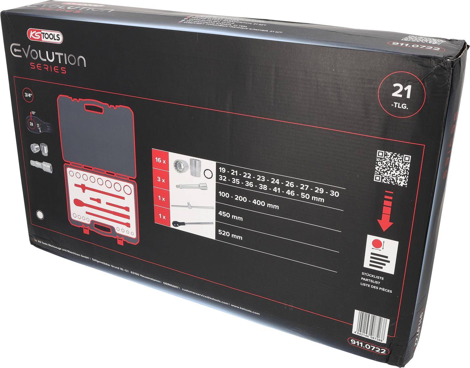 Werkzeugset-Verpackung, die einen Koffer mit 21 Teilen zeigt, einschließlich Schraubschlüssel und Schraubendreher in verschiedenen Größen, dargestellt in einem Diagramm.