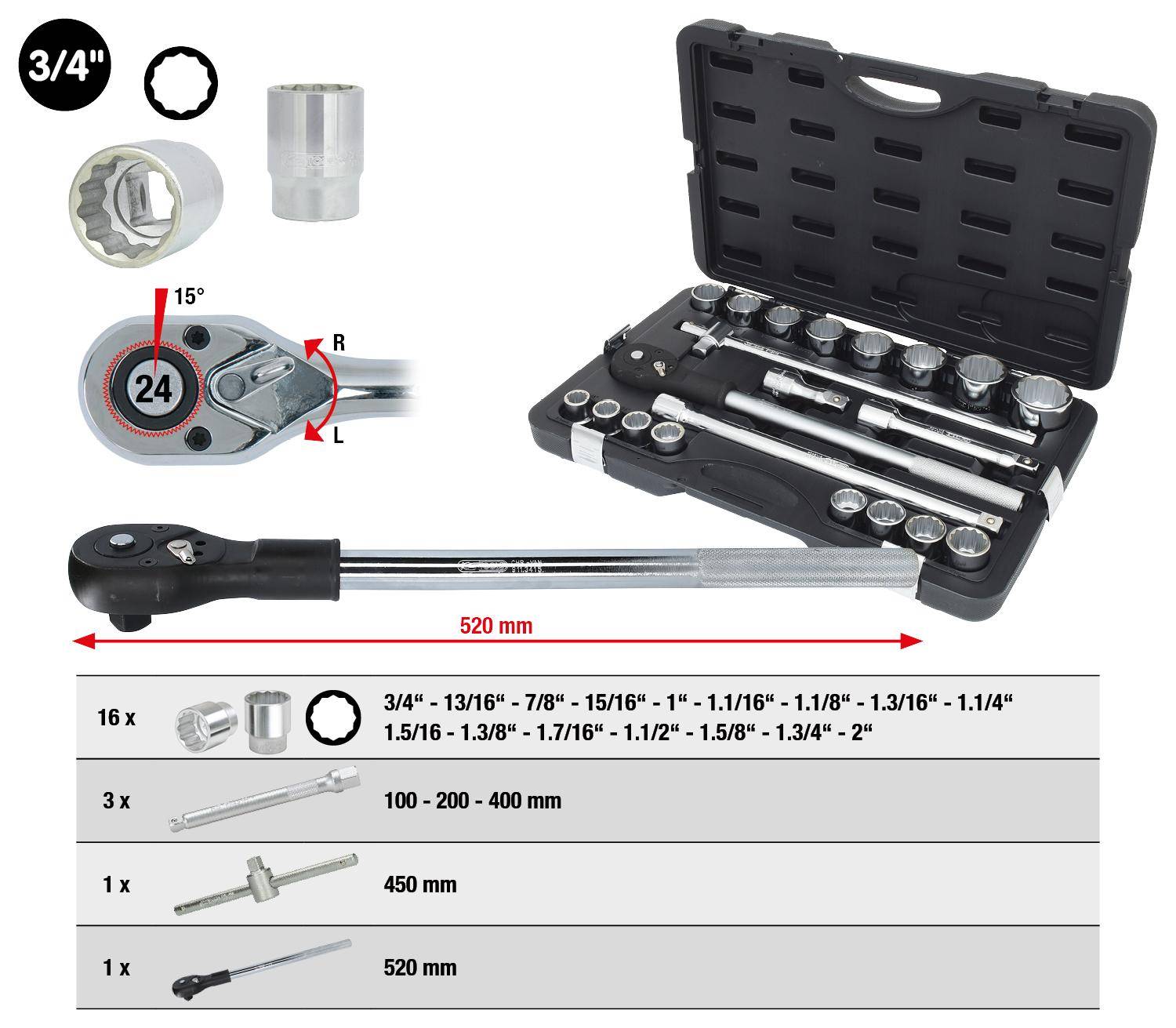 KS TOOLS 3/4" Steckschlssel-Satz, 21-tlg 12-kant