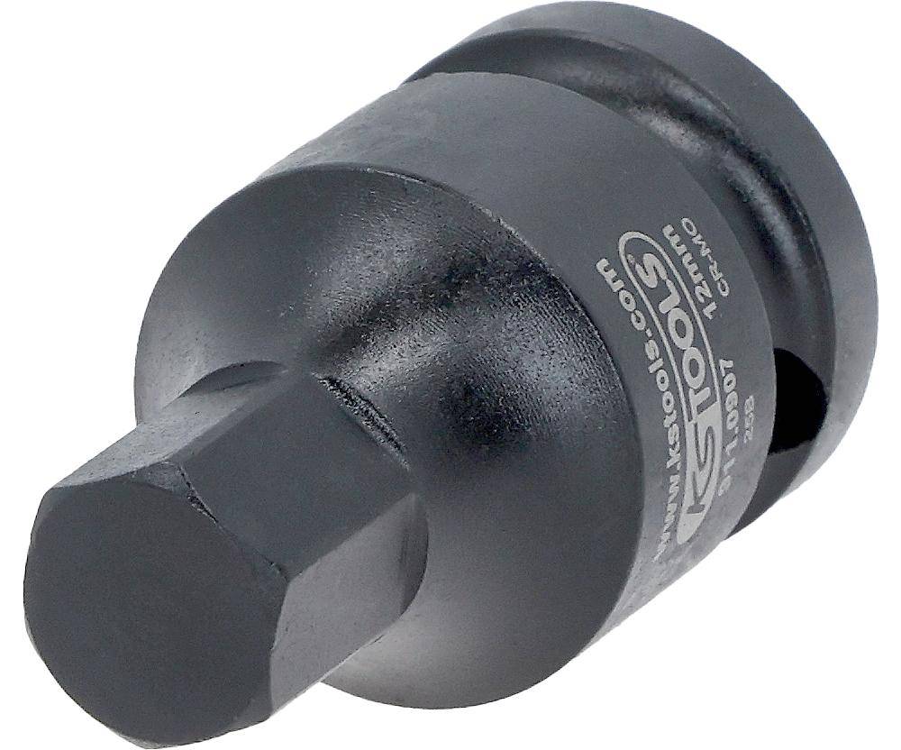 Eine schwarze Sechskant-Biteinsatz, aus Metall gefertigt, mit der Marke 'KS Tools' und der Größe '12mm'.