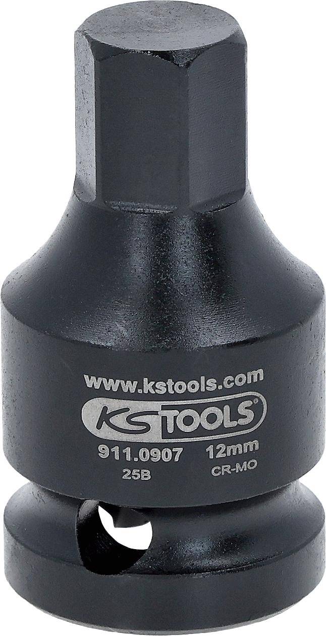 Ein schwarzer KS Tools Steckschlüssel mit 12-mm-Größe, aus CR-MO-Material. Die Website 'www.kstools.com' und die Modellnummer '911.0907' sind sichtbar.