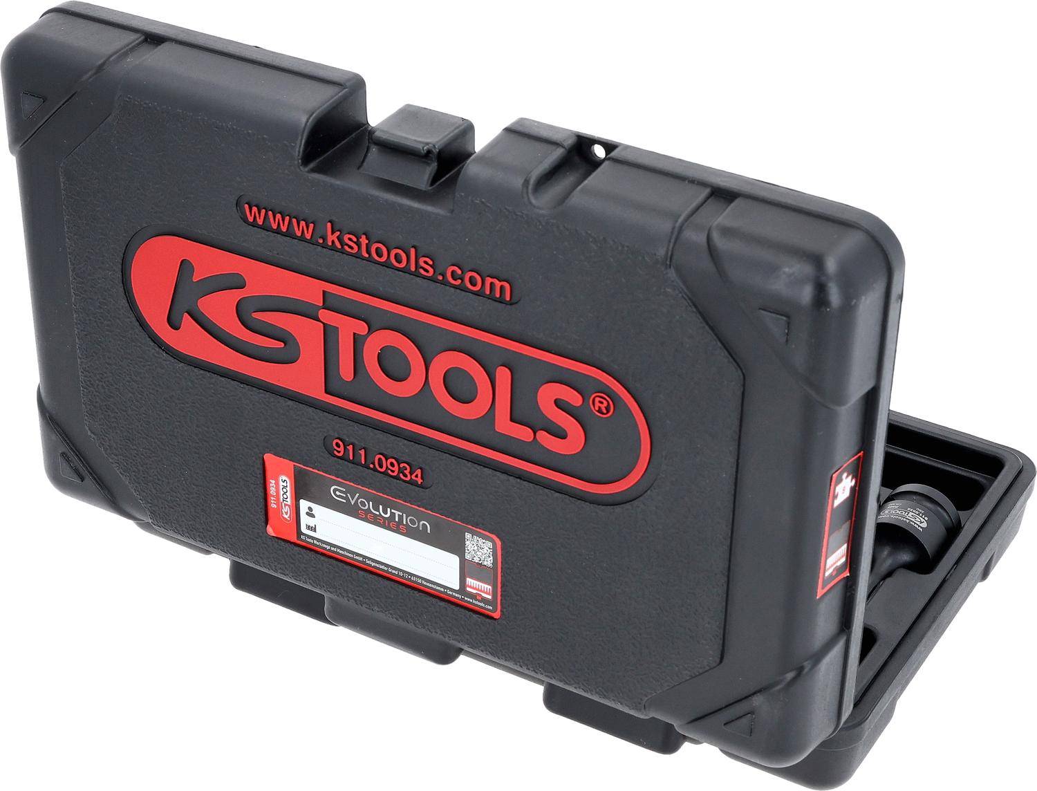 Schwarze Werkzeugbox mit 'KS Tools' Logo und Website 'www.kstools.com' auf dem Deckel. Die Modellnummer lautet 911.0934 mit einem 'C Evolution' Etikett.