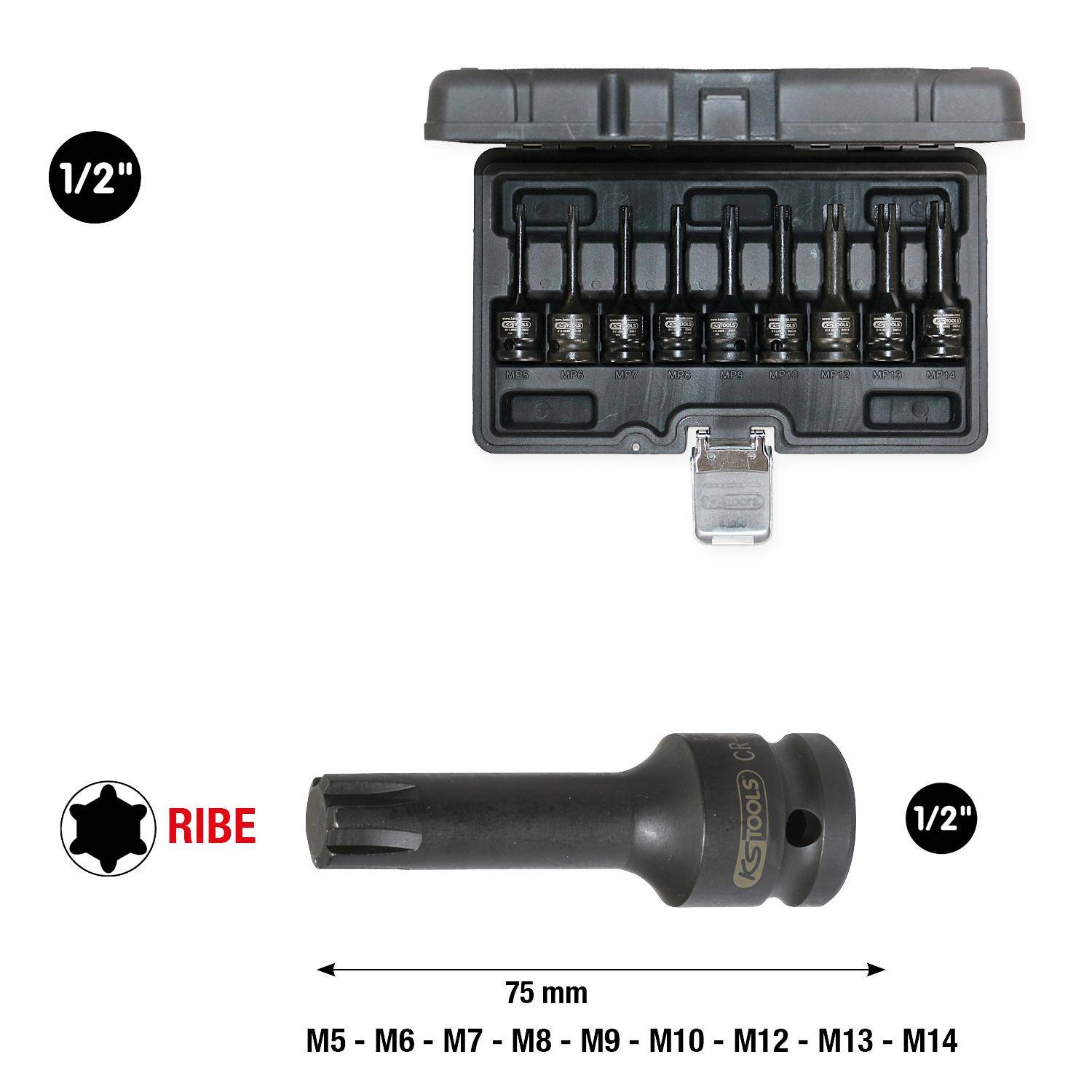 Ein Satz von neun Ribe-Bit-Steckschlüsseln in einem schwarzen Etui; umfasst Größen von M5 bis M14, mit einem hervorgehobenen 75-mm-Steckschlüssel und der Markierung '1/2"'.