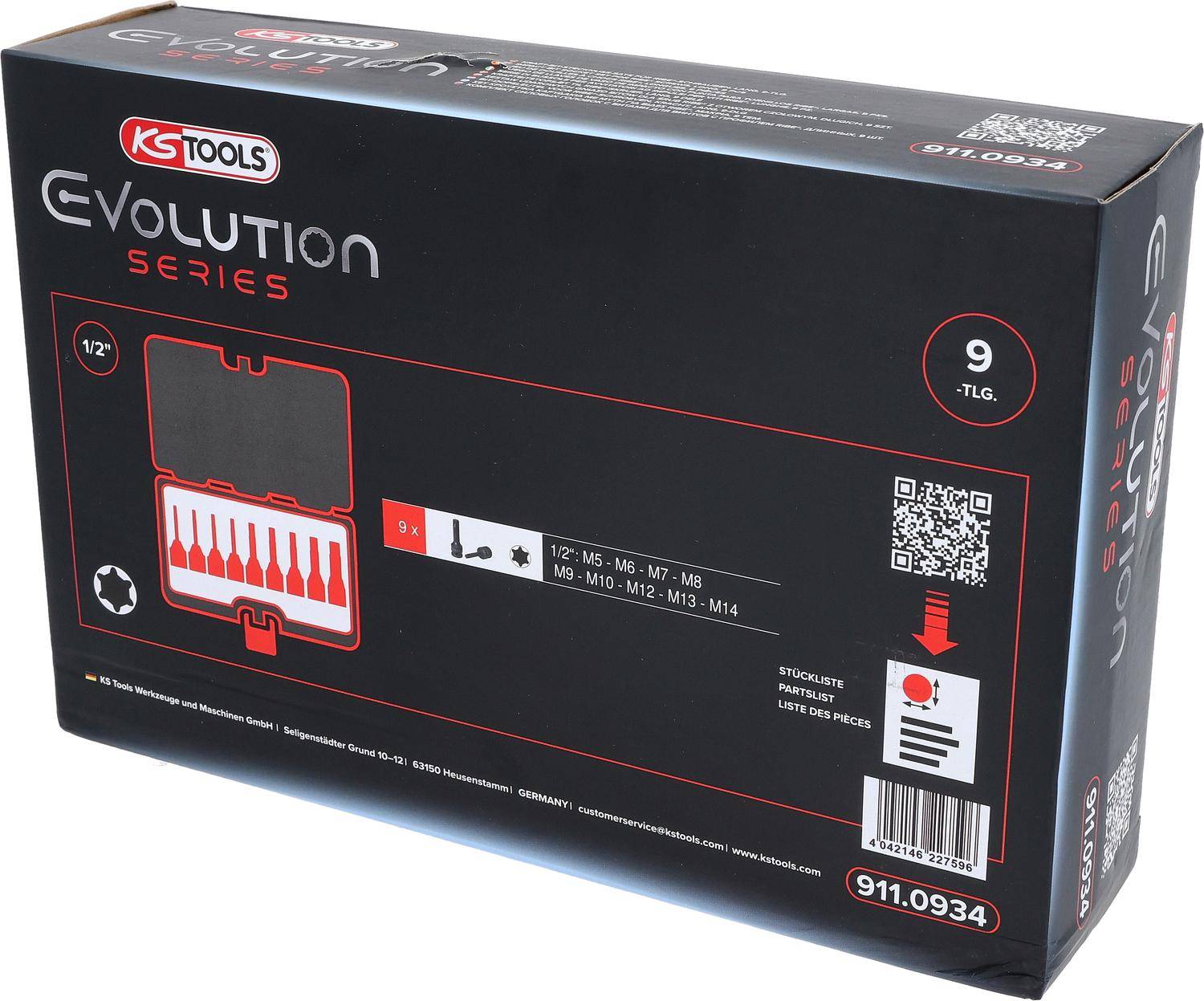 Eine schwarze Box für einen KS Tools Evolution Series Werkzeugsatz, die ein Etui mit neun roten Werkzeugen enthält, mit Details wie 'M5-M14' an der Seite.