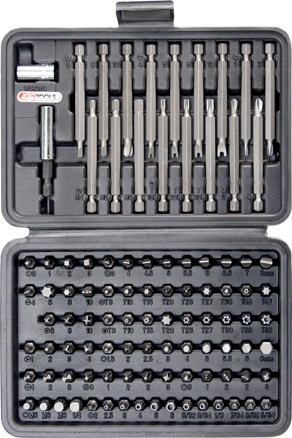 Ein Werkzeugset in einem Koffer, einschließlich verschiedener Bohrereinsätze und Schraubendreherköpfe, mit Größen und Typen für mechanische oder Do-it-yourself-Zwecke gekennzeichnet.