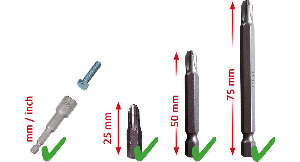 Bild zeigt drei Schraubendreher-Bits unterschiedlicher Längen (25 mm, 50 mm, 75 mm) im Vergleich zu einem einzelnen Schraubenbolzen. Grüne Häkchen zeigen geeignete Größen an.