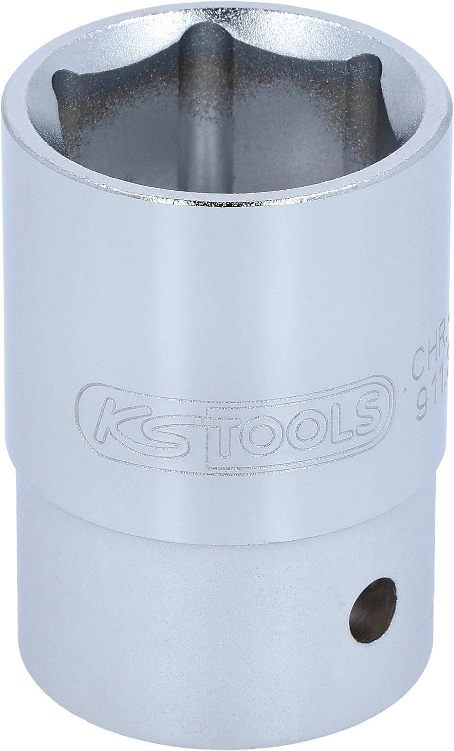 Ein Chrom-Steckschlüssel-Kopf mit dem KS Tools-Logo und der Gravur 'CHROM'.