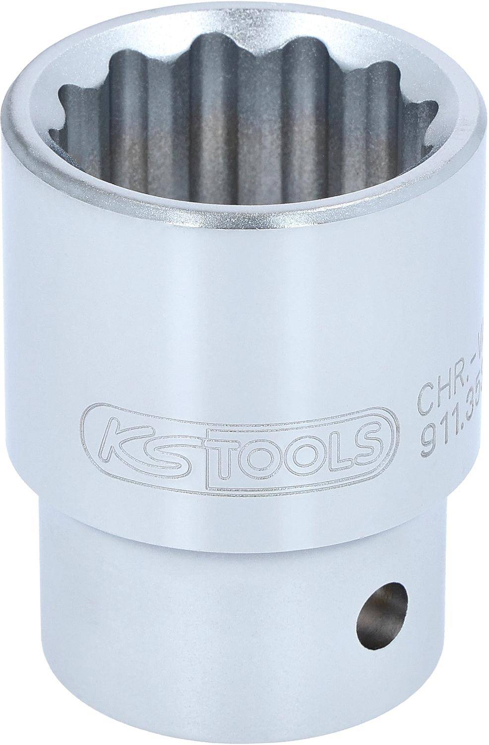 Eine silberne KS Tools Steckdose mit strukturierten Rillen im Inneren und beschrifteter Außenseite, konzipiert zum Befestigen oder Lösen von Muttern und Schrauben.