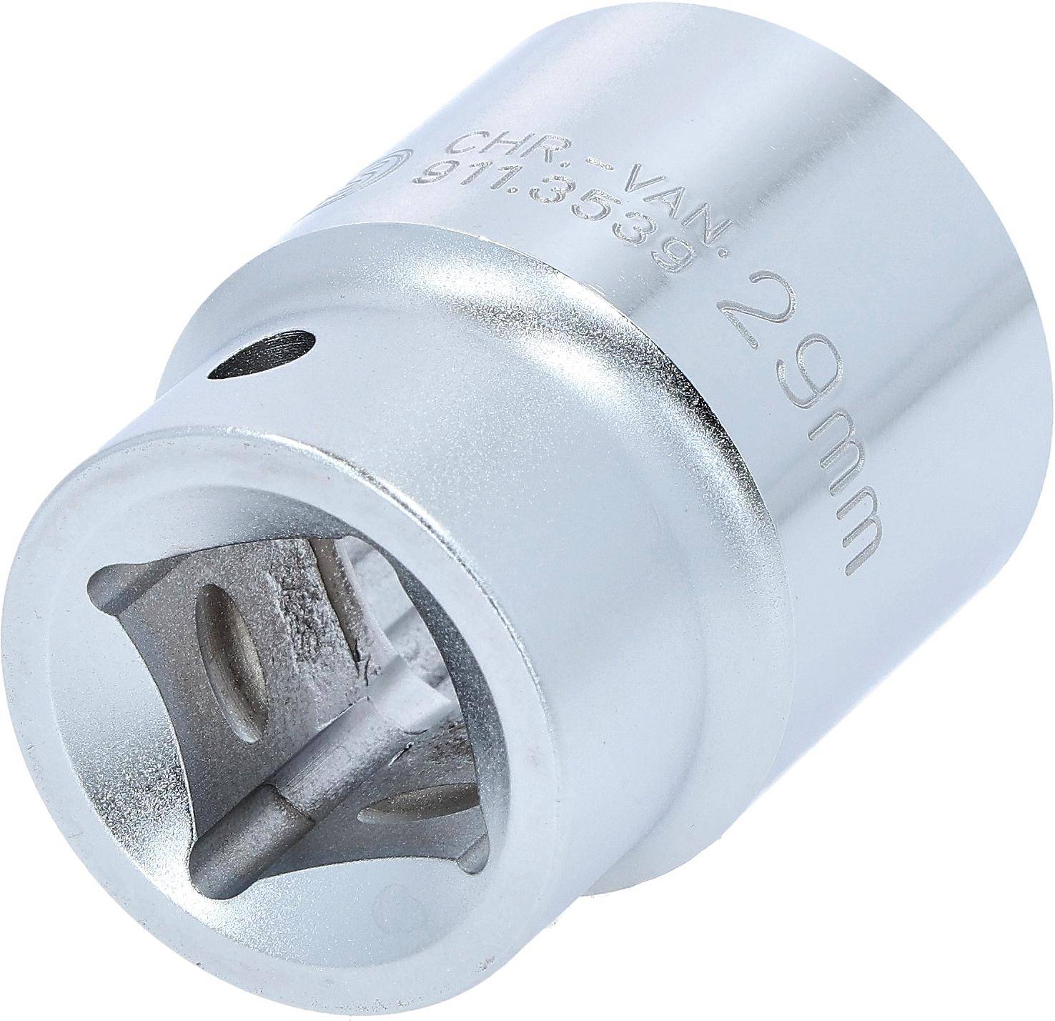 Ein Chrom-Vanadium-Steckschlüssel mit der Aufschrift '29 mm' an seiner Seite, verwendet zum Befestigen oder Lösen von Schrauben, mit vier internen Einkerbungen.