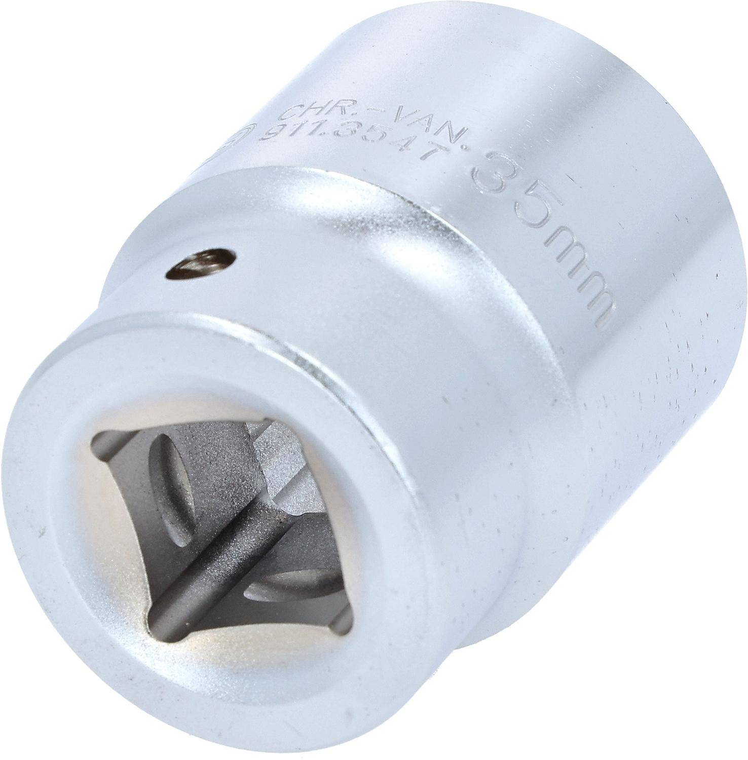 Ein 35-mm-Chrom-Steckschlüssel mit sechseckiger Öffnung, der zum Anziehen oder Lösen von Muttern und Schrauben verwendet wird.