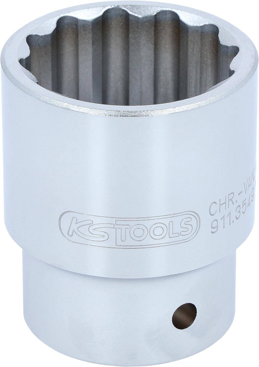 Eine Chrom-Vanadium-Steckdose von KS Tools mit gerillter Innenseite, typischerweise für mechanische oder automotive Anwendungen verwendet.