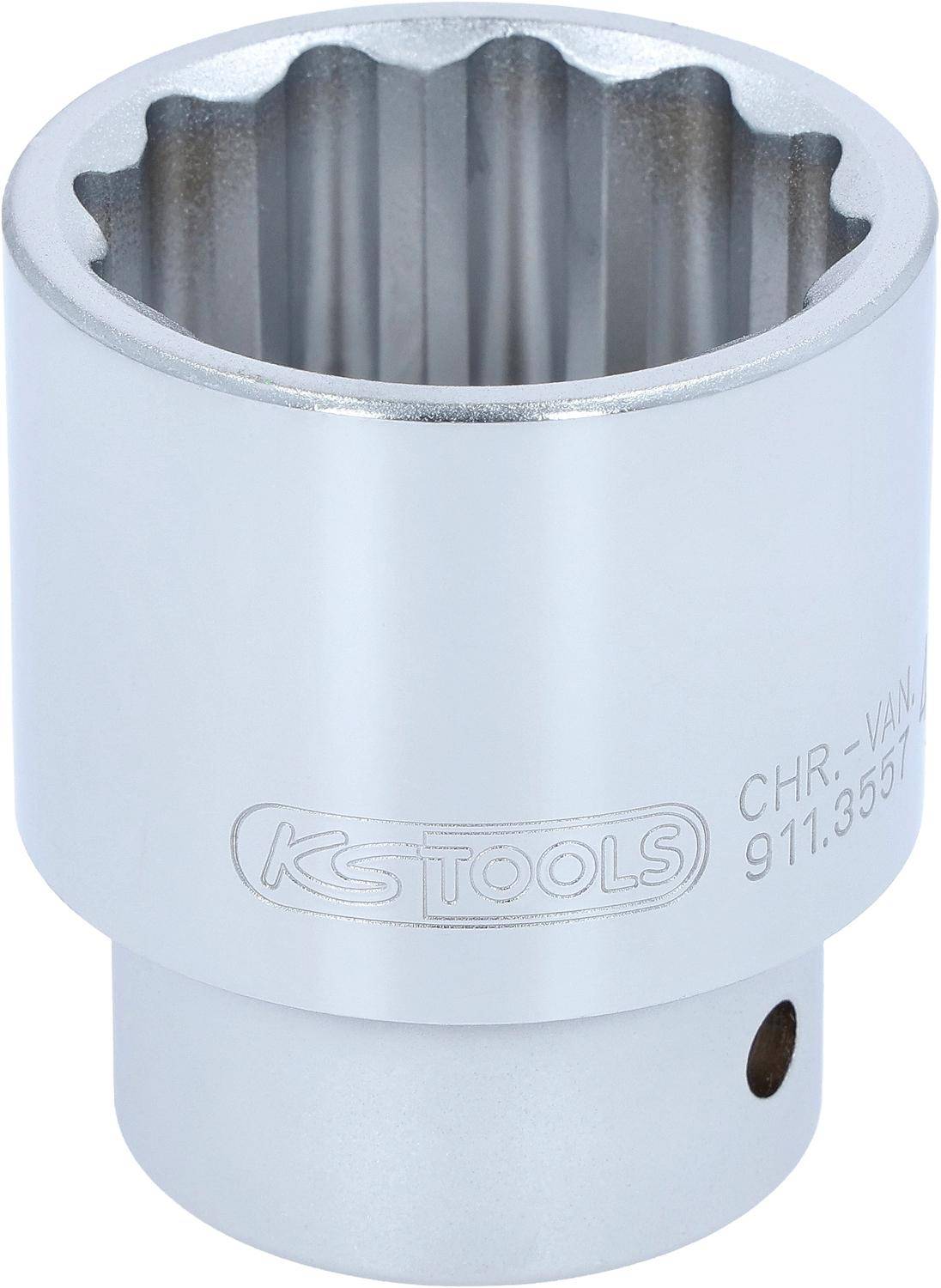 Ein silberner Steckschlüsseleinsatz mit der Aufschrift 'KS Tools' und der Artikelnummer '911.3551', der seine glatte, metallische Oberfläche und geriffelte Innenseite zeigt.