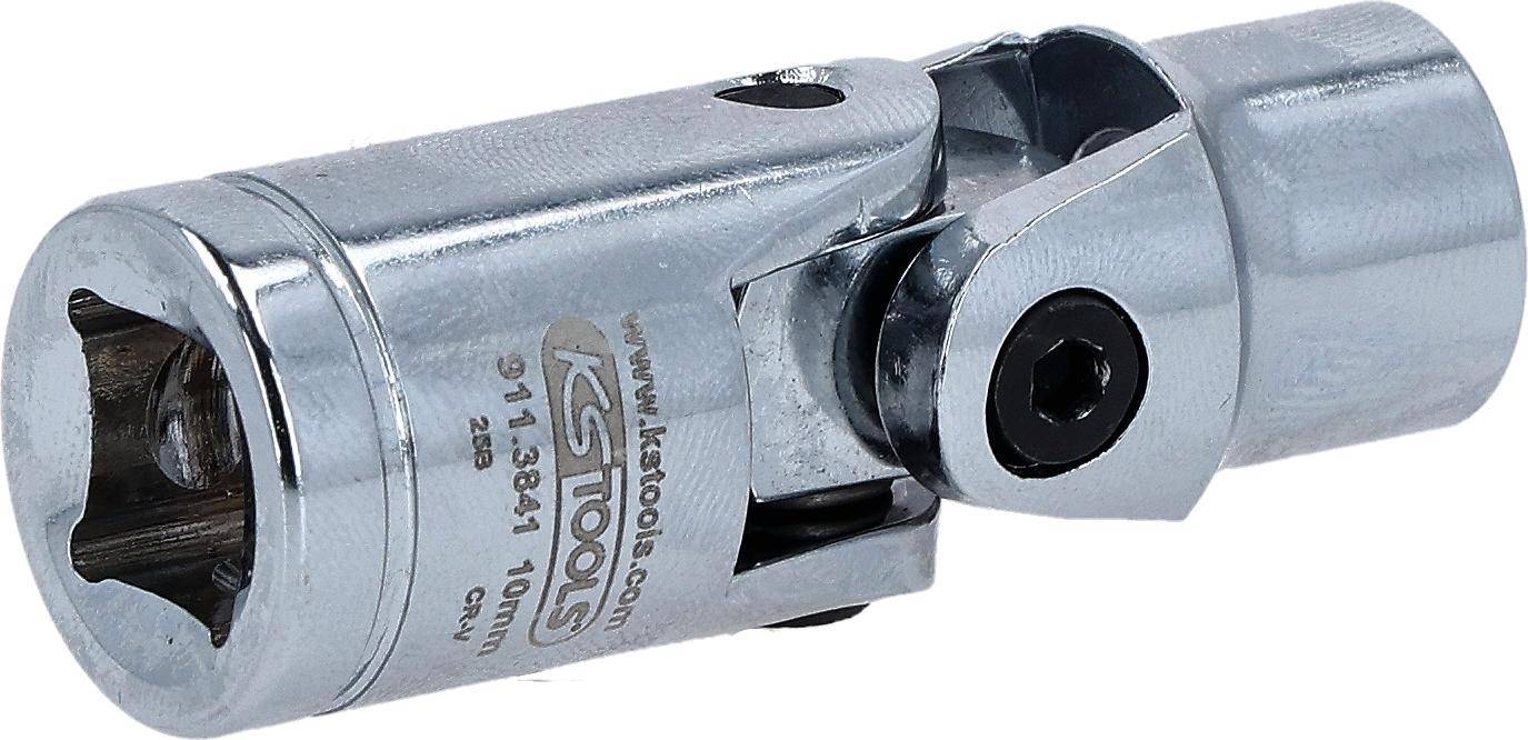 Ein Nahaufnahmebild eines Metall-Universalgelenk-Steckschlüssels mit der Gravur 'KS Tools 10mm', das sein kompaktes, mechanisches Design zeigt.