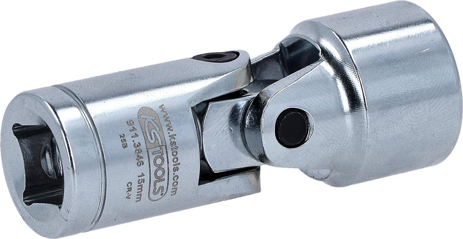 Eine metallische Kardangelenk mit glänzender Oberfläche, beschriftet mit 'KS TOOLS 15mm'.