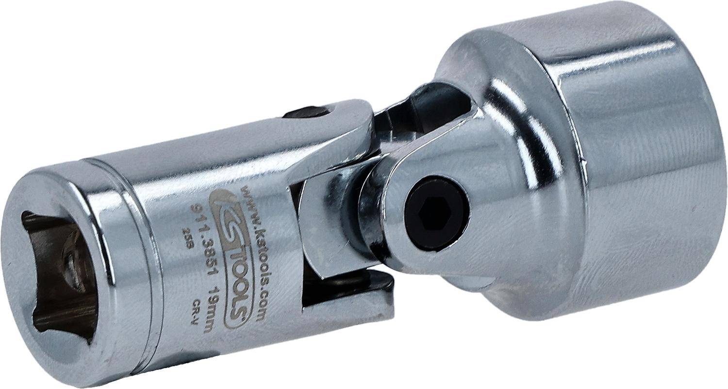 Ein Nahaufnahmebild eines glänzenden Metalllwerkzeugs mit verstellbaren Gelenken, auf dessen Griff der Markenname und die Größe '19mm' eingraviert sind.