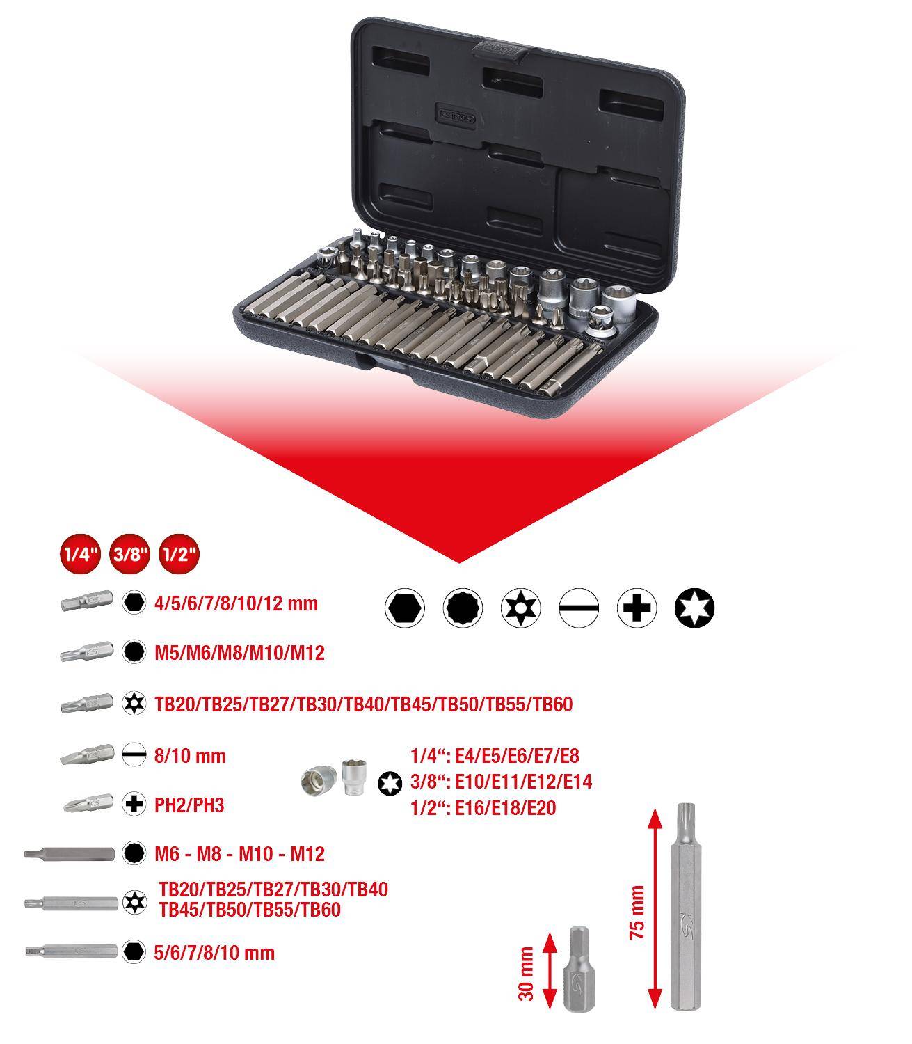 KS TOOLS 1/4"+3/8"+1/2" Torx-Steckschlssel- und Bit-Satz, 57-tlg