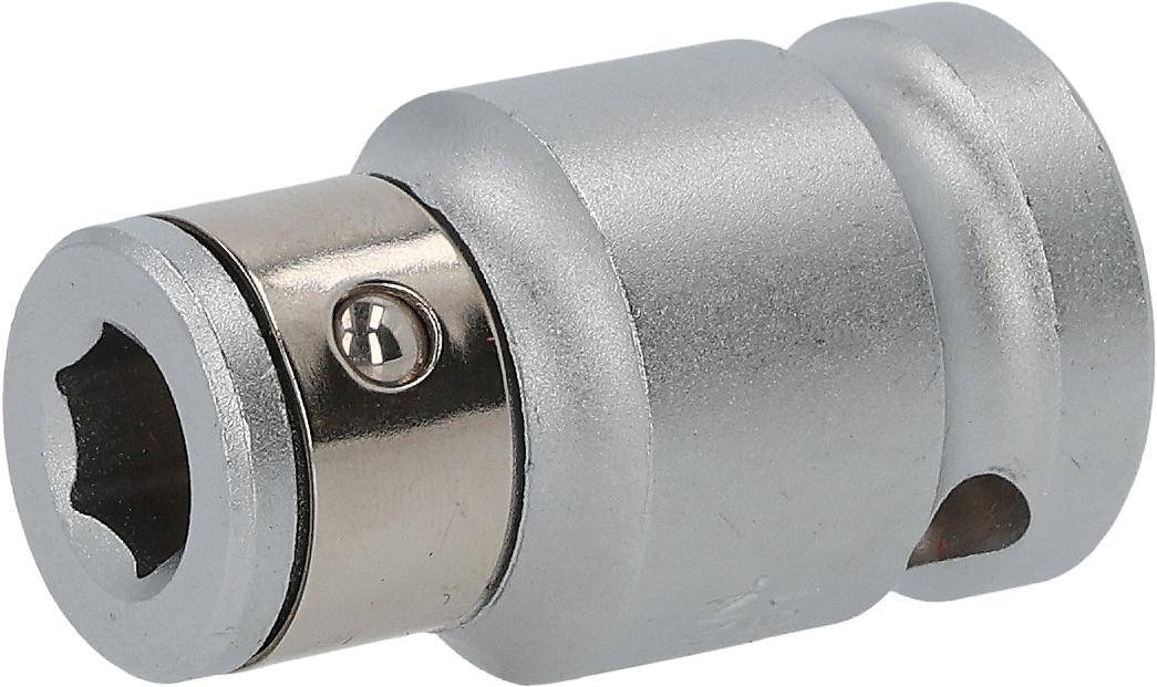 Eine Nahaufnahme eines metallischen mechanischen Teils mit einer glänzenden zylindrischen Oberfläche und einer Schraube an der Seite, höchstwahrscheinlich Teil eines Werkzeugs oder einer Maschine.