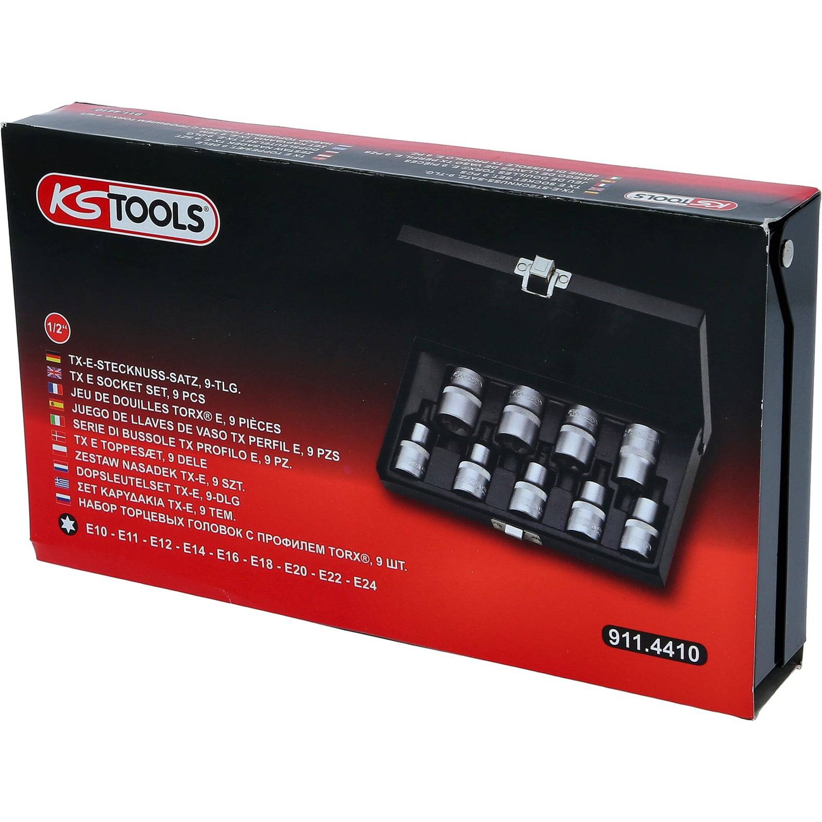 Werkzeugset in einer schwarzen Box mit verschiedenen Steckschlüsseleinsätzen. Die Verpackung zeigt das 'KS Tools' Logo und die Produktnummer '911.4410'.